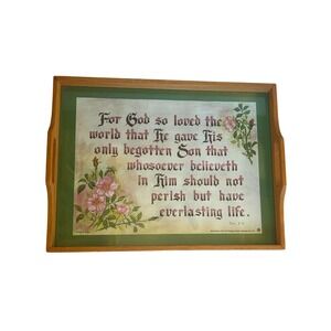 Vintage John 3:16 Serving Tray Wood Glass Handmade Scripture Floral Decor Bible